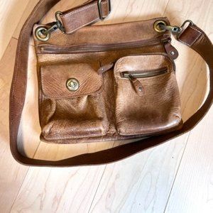 ROOTS Village Tribe Brown Pebbled Leather Pocket Messenger Crossbody Bag Purse
